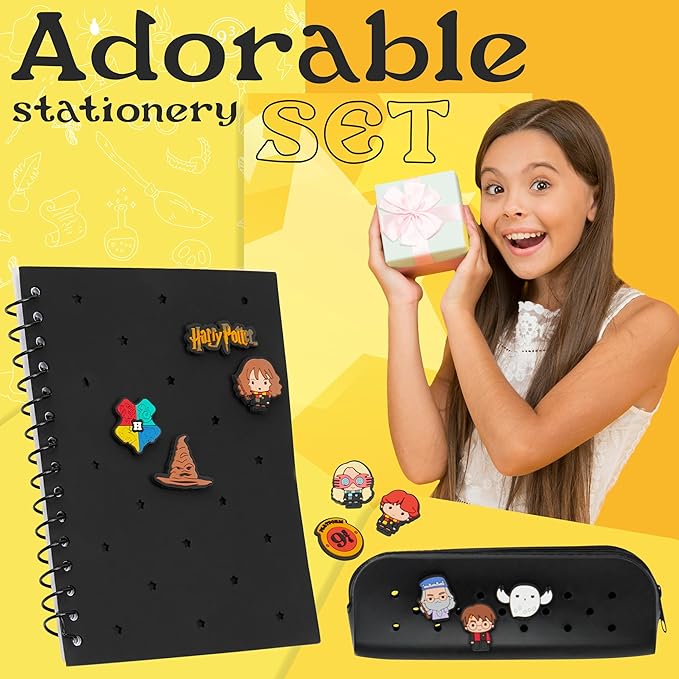 Harry Potter Gifts A5 Customizable Notebook and Zipped Pencil Case Kids Stationery Set with Character Chibi Pins Sticky Notes Hogwarts