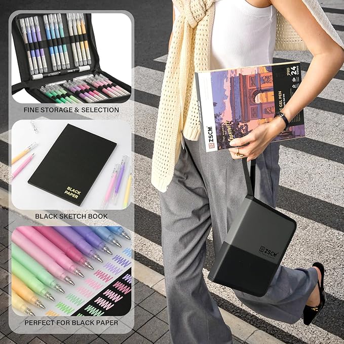 24 Colors 3D Acrylic Gel Pens & Black Paper Sketchbook for Drawing, 1mm Fine Point Acrylic Ink Pen, Opaque Archival Dull Ink Pens for Black Paper Drawing, Sketching, Illustration, Card Making