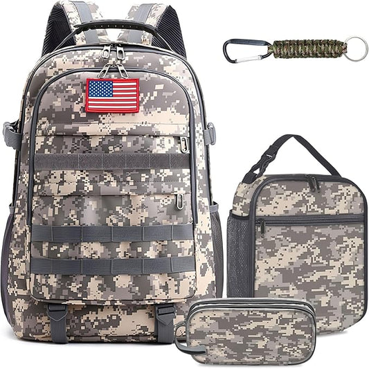 School Backpack for Boys - Camouflage Boys Backpack for Kids Teens Elementary Middle School - 4pcs Camo Students Bookbag with Lunch Box and Pencil Case & Key-chain,18″ Bookbag with Usb Charging Port