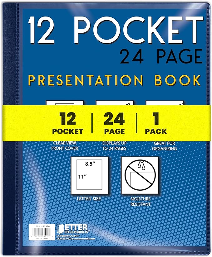 Better Office Products 12 Pocket Bound Presentation Book, Blue with Clear View Front Cover, 24 Sheet Protector Pages, 8.5" x 11" Sheets, Art Portfolio, Durable Poly Covers, Letter Size, Blue