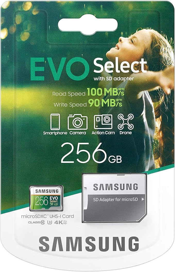 SAMSUNG ELECTRONICS EVO Select 256GB MicroSDXC UHS-I U3 100MB/s Full HD & 4K UHD Memory Card with Adapter (MB-ME256HA)