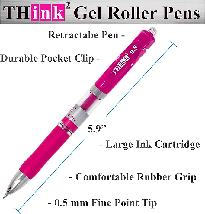 [24 Pens - Pink Ink] Think2 Retractable Gel Pens. (24 Pink) Fine Point (0.5mm) Rollerball Pens with Comfort Grip.