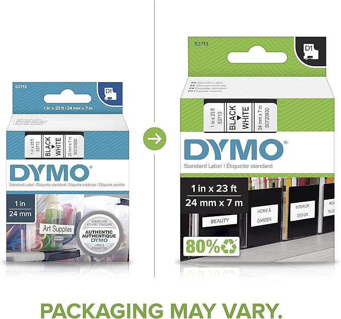 DYMO Authentic Standard D1 53713 Labeling Tape (Black Print on White Tape, 1'' W x 23' L, 1 Cartridge), Package May Vary