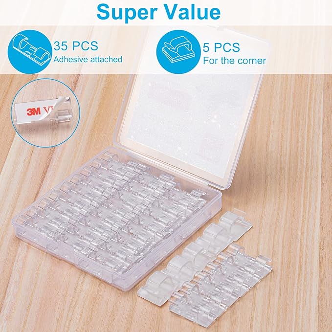 Cable Clips Clear (60PCS, M), Upgraded Adhesive Wire Holders for Wall, Strong Cord Organizer Under Desk, Car, PC, Christmas Light Clips Outdoor