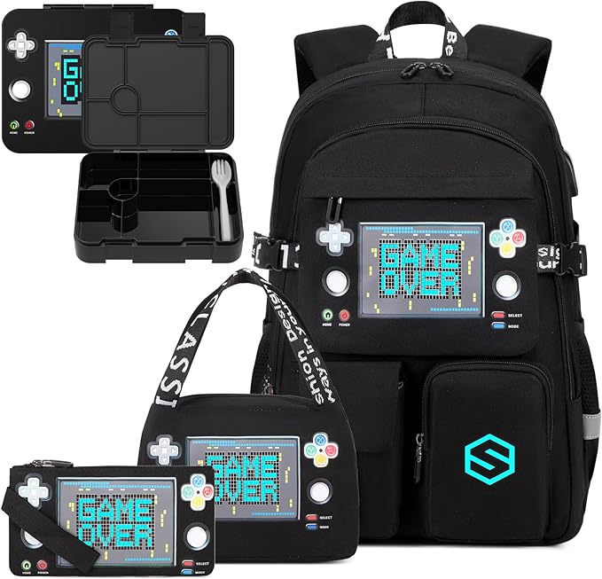 Boys Backpack, Cool Luminous Gamer School Backpacks for Boys with Kids Bento Lunch Box Lunch Bag Pencil Case, Kids Backpack Book Bags for Kindergarten Elementary Middle School