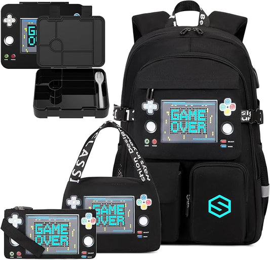 Boys Backpack, Cool Luminous Gamer School Backpacks for Boys with Kids Bento Lunch Box Lunch Bag Pencil Case, Kids Backpack Book Bags for Kindergarten Elementary Middle School