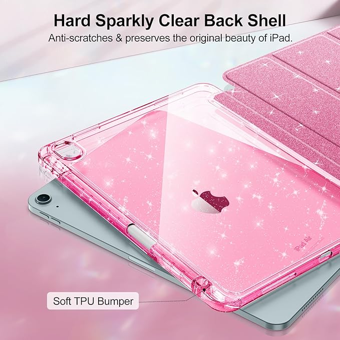 Fintie Slim Case with Pencil Holder for iPad Air 11-inch M4/M3/M2 (2026/2025/2024), iPad Air 5th (2022) / 4th Generation 10.9 Inch - Glittering Sparkly Cover with Shiny Clear Back Shell, Pink