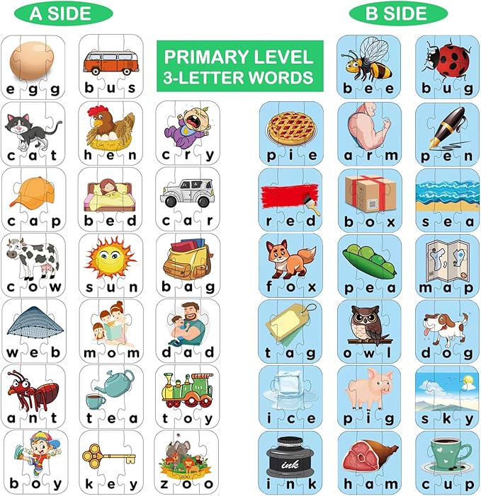 80 Words Self-Correcting Spelling Puzzles, Double-Sided Three and Four Letter Words with Matching Images, Perfect for Kids Age 3+ Year Old