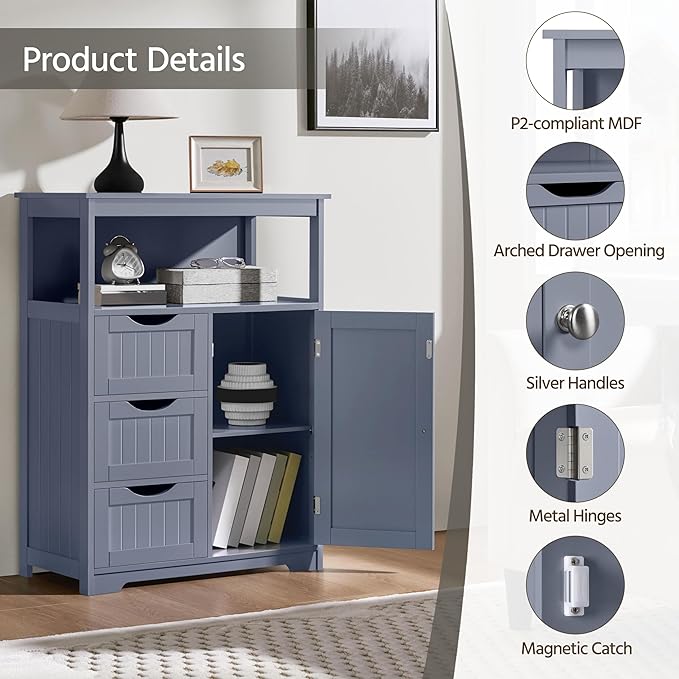 Yaheetech Bathroom Storage Cabinet Bathroom Floor Cabinet Freestanding Storage and Organizer with Door, 3 Drawers, Adjustable Shelf, 35.5 Inches Height, Gray