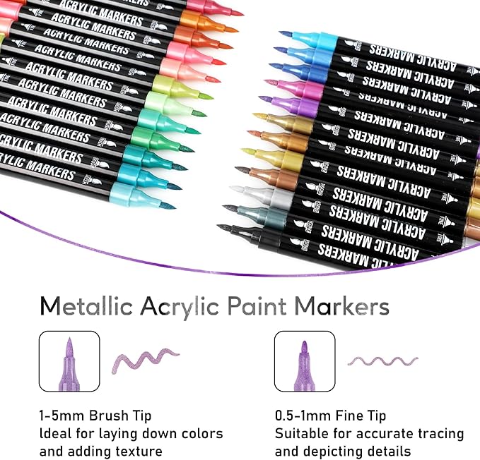 24 Metallic Colors Acrylic Paint Markers, Dual Tip with Fine Tip and Brush Tip Pens for Stone, Wood, Calligraphy, Canvas, Ceramic, Metal, Glass, Rock Painting, DIY Crafts