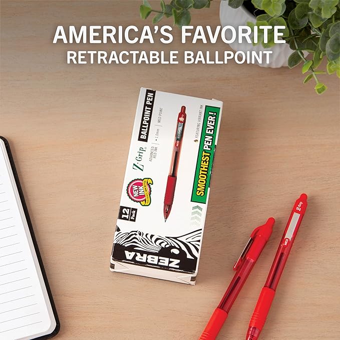 Zebra Pen Z-Grip Retractable Ballpoint Pen, Smooth-Flowing Red Ink, 1.0mm Medium Point, School & Office Supplies, Ideal for Note-Taking, Journal and Planner Use, 12-Pack (22230)