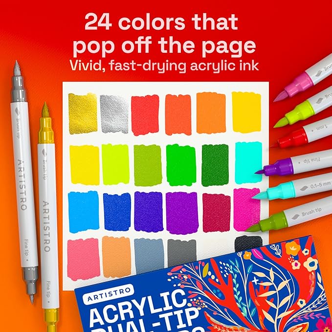 ARTISTRO 24 Acrylic Paint Markers - Paint Pens for Calligraphy, Brush + Fine Tips - For Fabric, Rock, Glass, Wood, DIY, Craft, Canvas - Art and Craft Supplies for Adults, Teens, Kids