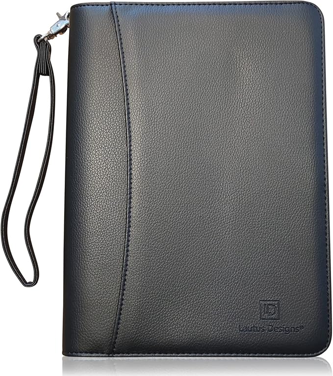 Zippered Portfolio Binder with Junior Legal 5x8 Notepad - Matt Black PU Faux Leather Business Padfolio Organizer Folder with 8 Inch Tablet Sleeve & Gift Box by Lautus Designs