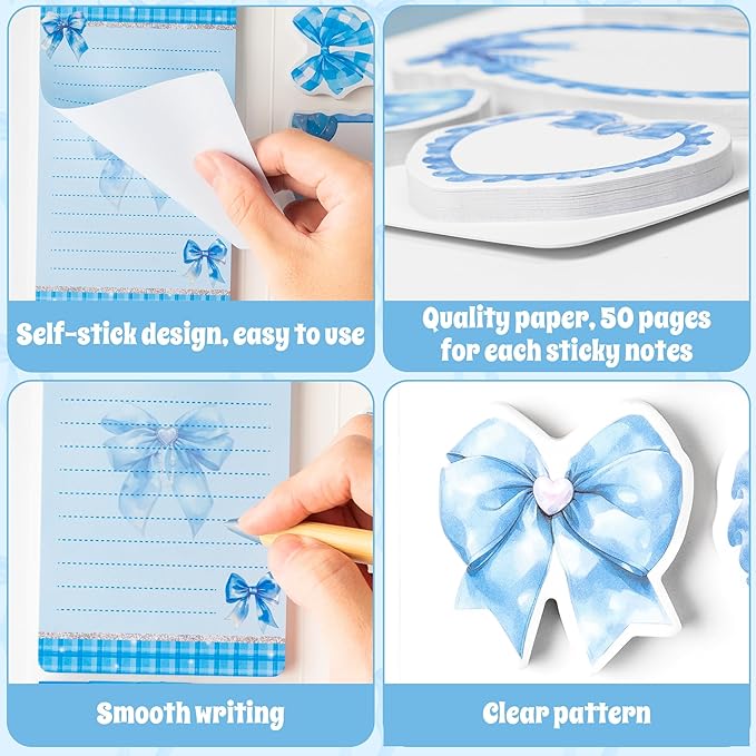 Xqumoi Coquette Blue Bow Sticky Notes Set - I’m Just A Girl Self-Stick Note Pads Bowknot Notepads Writing Memo Pad Page Marker Bookmarker Preppy Girly Stuff Back to School Office Supplies Gift
