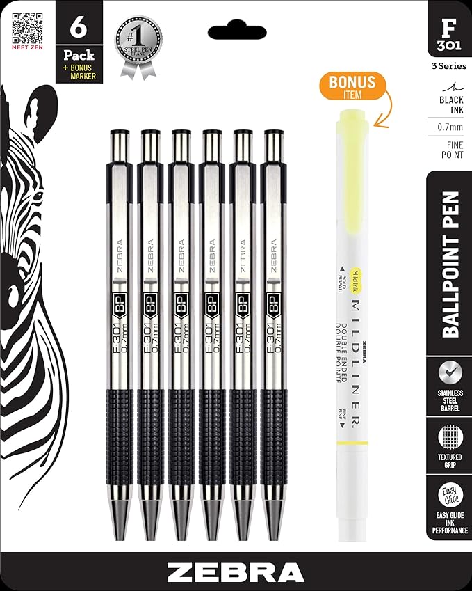 Zebra Pen F-301 Ballpoint Black Ink Fine Point 0.7mm Stainless Steel Retractable Pen, 6-Pack + Bonus Mildliner Highlighter – Easy-Glide Ink, Non-Slip Grip, Professional Design (27192)