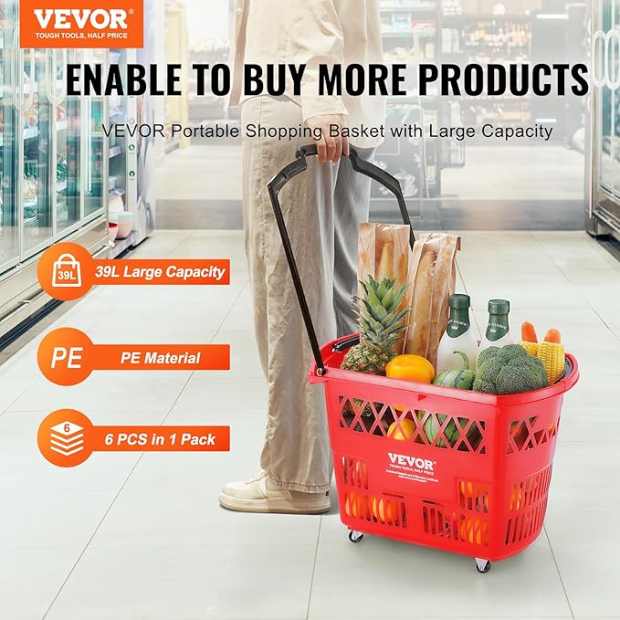 VEVOR 6 PCS Shopping Baskets, 39L Large Plastic Rolling Shopping Basket with Wheels, Shopping Carts with Handles, Portable Shopping Basket Set for Supermarkets, Grocery Shopping, Retail Stores, Red