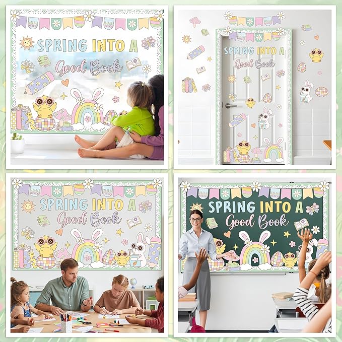 Spring Reading Bulletin Board Decorations Easter Spring into A Good Book Bulletin Board Set Pastel Chick Bunny Rainbow Books Cutouts for School Library Classroom Chalkboard Wall Party Decor Supplies