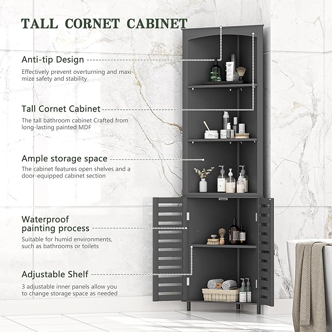 VECELO Tall Corner Cabinet, 68.8'' Storage Cabinet with Doors and Adjustable Shelves, for Living Room, Bathroom, Kitchen, Grey