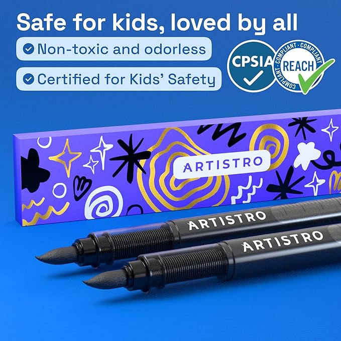 ARTISTRO 2 Black Acrylic Paint Markers - Brush Tip Paint Pens with Automatic Ink Control System for Rock, Egg, Wood, Fabric, Glass - Perfect for Crafting, Art Projects, & More