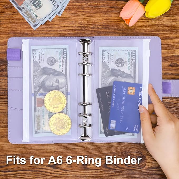 Antner 30pcs A6 Binder Pockets 6-Hole Budget Binder Inserts Cash Stuffing Envelopes for Budgeting, White Zipper Pouch Folders Loose Leaf Filling Bags Money Organizer for A6 6-Ring Planners and Binders