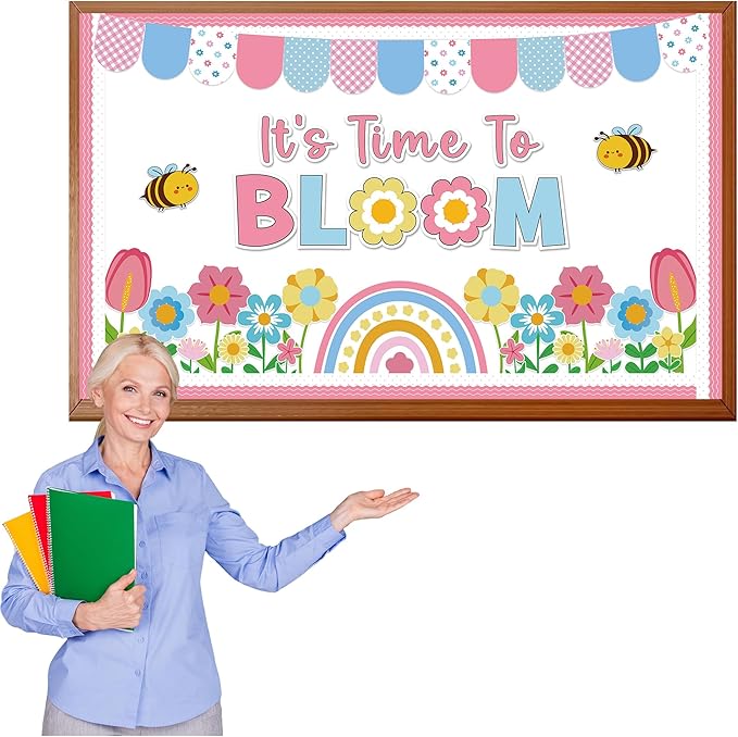 Spring Flower Bloom Bulletin Board Classroom Spring Bulletin Board Decorations Colorful Flower Bulletin Board with Rainbow Floral Paper Cutout Bee Cutouts for Classroom Door Wall Decor