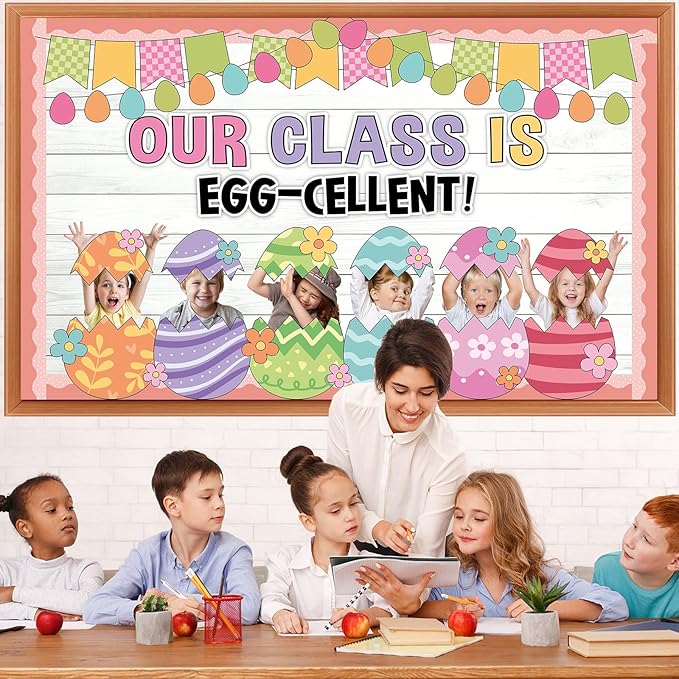 Easter Bulletin Board Decoration Set Easter Egg Paper DIY Photo Craft Cutouts Our Class is Egg-Cellent Spring Classroom Decoration for Holiday Party Teacher School Home Office Chalkboard Wall Decor