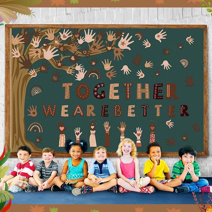 Pasimy Student Diversity Bulletin Board Sets Boho Classroom Decor Rainbow Equality Tree Handprint Cutouts Inclusion Multicultural Bulletin Board for Back to School Wall Door Decorations(Retro)