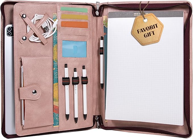 Link Luck Pink Portfolio Binder,3 Ring Binder with Zipper,PU Leather Padfolio with Zipper for Women, Professional Business Portfolio Organizer for Resume/Interview, A4 Letter Document Organizer