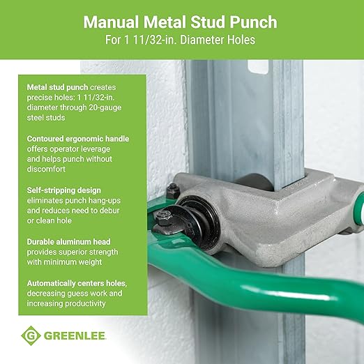 Greenlee 710 1-11/32" Manual Metal Stud Punch Tool with Aluminum Head and Contoured Handle, 1-11/32" Diameter Self-Stripping Stud Puncher