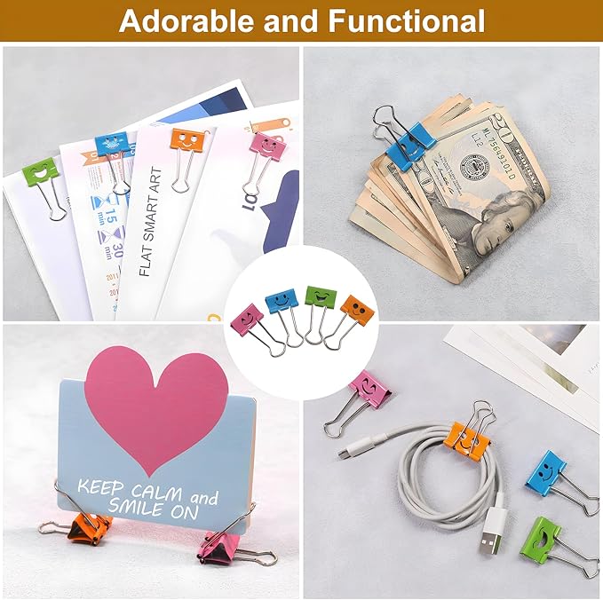 Coideal Smiling Face Binder Clips Medium, 48 Pcs 1 Inch Smiley Metal Paper Clips Clamps Assorted Color with Cute Fun Smile Hollow for Office (25mm)