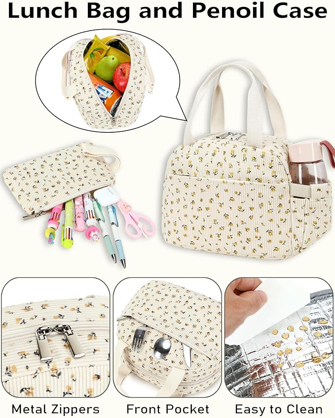School Backpack Set for Teens Girls Women 3PCS Corduroy Lightweigh Laptop Backpacks with Lunch Box Pencil Kids Elementary Middle High Bags Students 3 in1 Bookbag Travel Daypack, Floral