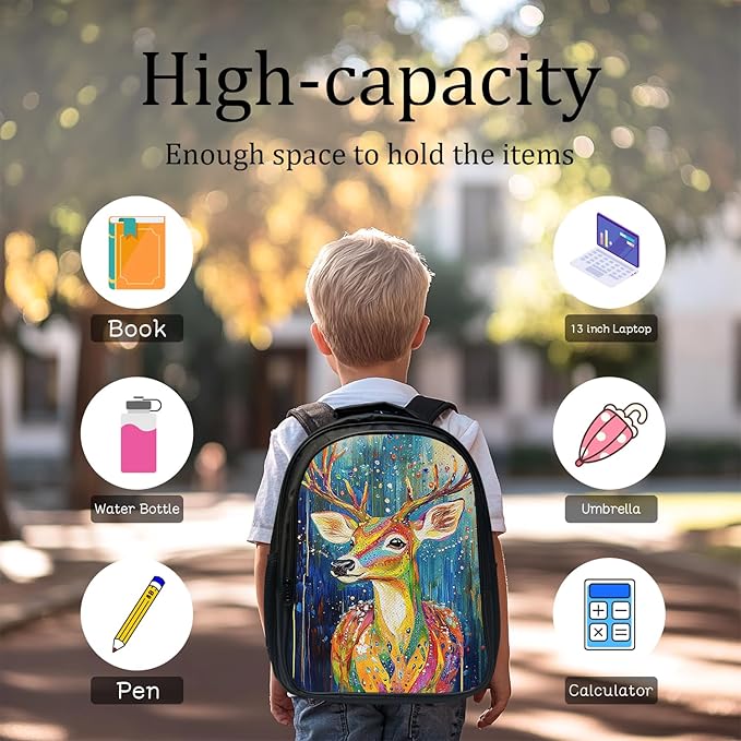 Deer Backpack Set 3 Piece School Bags and Lunch Box with Pencil Case Colorful Elk Bookbag Set for Toddler Kids Girls Boys Teens Kindergarten Elementary Middle