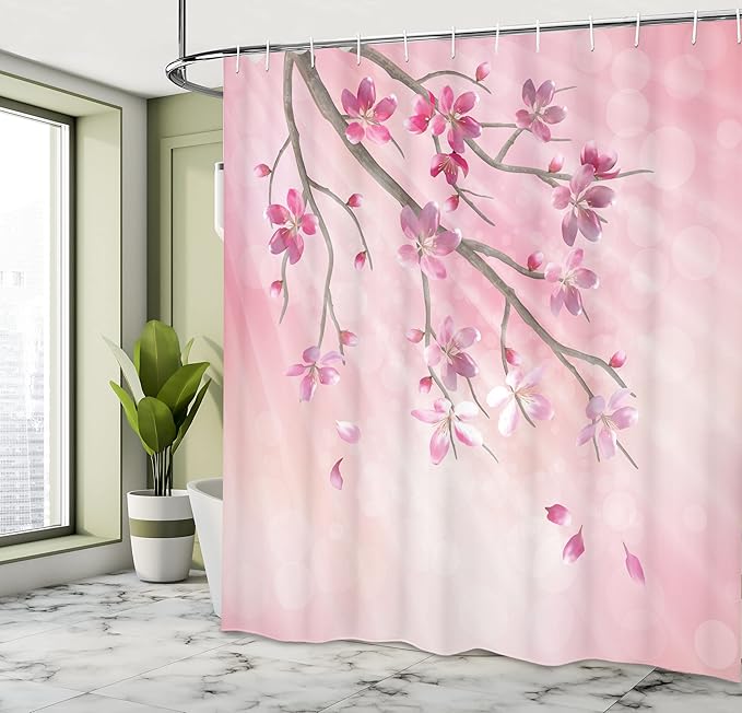 Ambesonne Nature Shower Curtain, Illustration of Spring Tree Branch with Blossoms Sun Beams on Blurred Background, Cloth Fabric Bathroom Decor Set with Hooks, 69" W x 70" L, Pink Fuchsia
