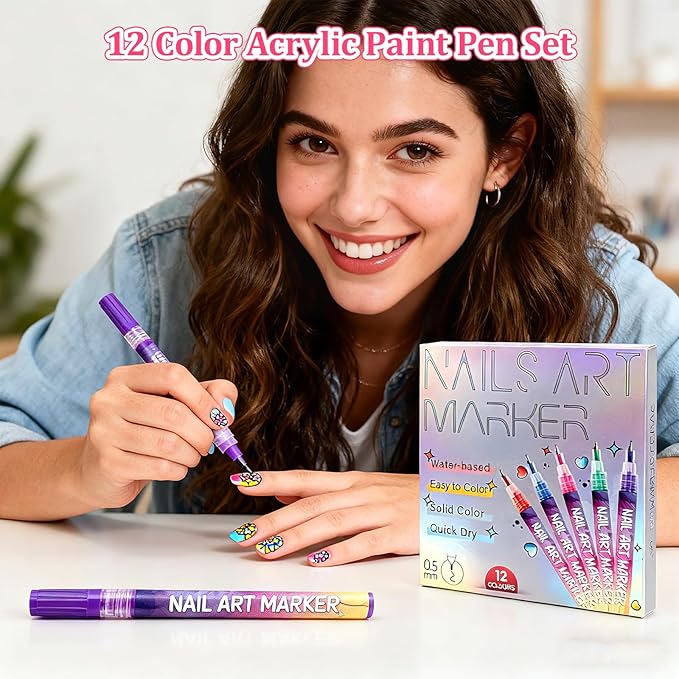 Nail Art Pens 12 Colors Set of 19pcs,3D Quick-Dry Nail Art Markers Polish Pen,Diy Nail Art Tools for Dotting Drawing Painting Point Liner,Home & Salon Manicure Tools