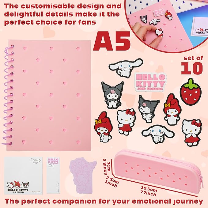 Hello Kitty A5 Customizable Notebook and Zipped Pencil Case, Kawaii Stationery Set with Character Chibi Pins Sticky Notes, Anime Gifts for Kids