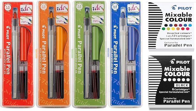 Pilot Parallel Calligraphy Pen Set, 1.5 mm, 2.4 mm, 3.8 mm and 6 mm with Bundle Ink Cartridge Plus 1 Extra Pack of 12 ASST Refills and 1 Pack of 6 Black Refills.