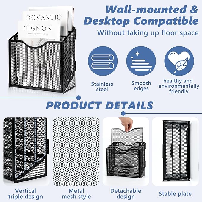 Vertical Triple File Folder Holder Magazine Holder Wall Mount & Desktop 3 Tier Vertical Desk Organizer Pocket File Holder Sorter Magazine Storage Rack For Office Home Organization Wall Door