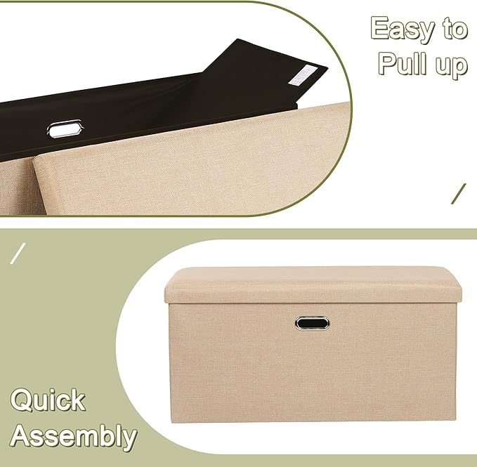 VECELO 30'' Folding Storage Ottoman Bench, End of Bed Linen Fabric Foot Rest Stool with Padded Seat, Large Footstools for Bedroom, Living Room, Load 500 lb, Khaki