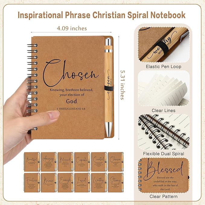 Kosiz 12 Sets Christian Gifts Bulk Inspirational Bible Verse Spiral Notebook and Religious Bamboo Ballpoint Pen Journal with Scripture for Easter Church Member First Communion Teacher Holy Week (Brown)