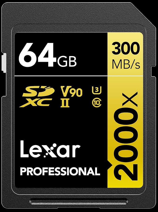 Lexar 64GB Professional 2000x SD Card, UHS-II, C10, U3, V90, Full HD, 8K, Up To 300MB/s Read SDXC Memory Card, for DSLR, Cinema-Quality Video Cameras (LSD2000064G-BNNNU)