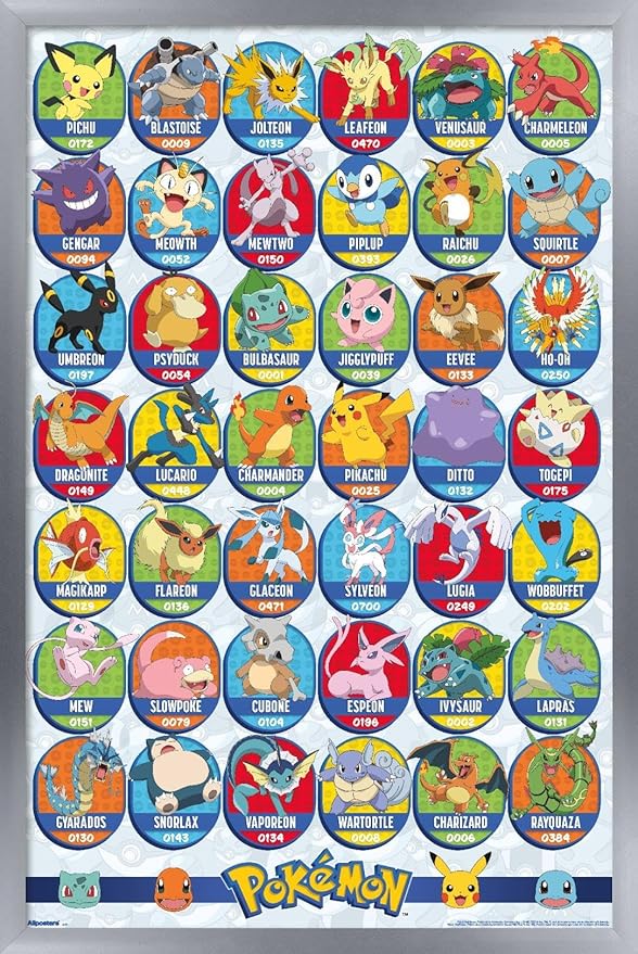 Pokémon: All-Time Favorites - Grid Wall Poster, 22.4L" x 14.7W", Silver Framed Version