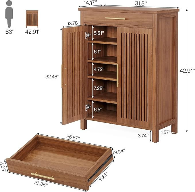Tribesigns Shoe Cabinet, 5-Tier Shoe Storage Cabinet with Louvered Doors and Drawer, Freestanding Wooden Shoe Rack Organizer with Adjustable Shelves for Entryway, Hallway, Closet, Brown