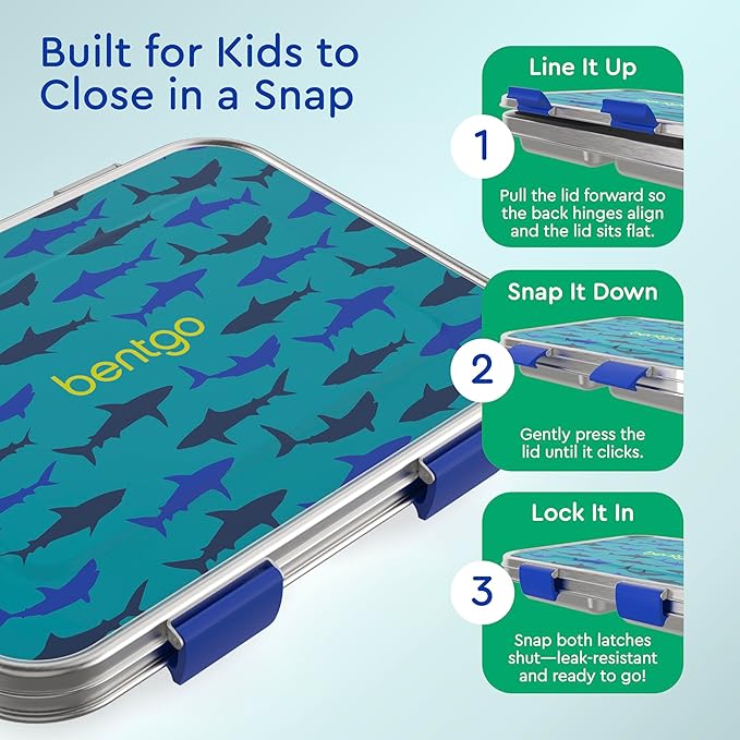Bentgo Kids Stainless Steel Prints Leak-Resistant Lunch Box - 3-Compartments with Bonus Silicone Container, Durable, Eco-Friendly, Dishwasher Safe, BPA-Free, Ideal for School, Ages 3+ (Shark)