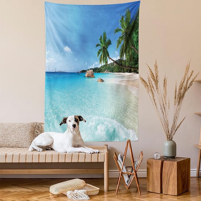 Ambesonne Ocean Tapestry, Anse Lazio Beach at Praslin Island Surfing Beach Scenic View Travel, Fabric Wall Hanging Decor for Bedroom Living Room Dorm, 30" X 45", Blue and Turquoise