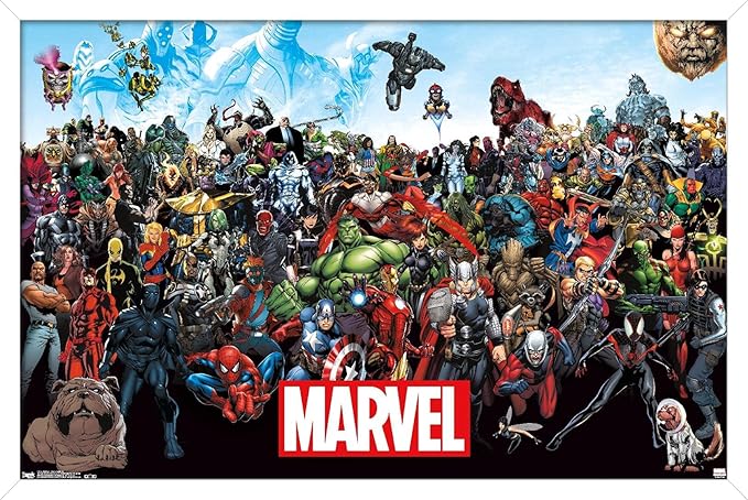Marvel Comics The Marvel Lineup Wall Poster, 34L" x 22.4W", White Framed Version