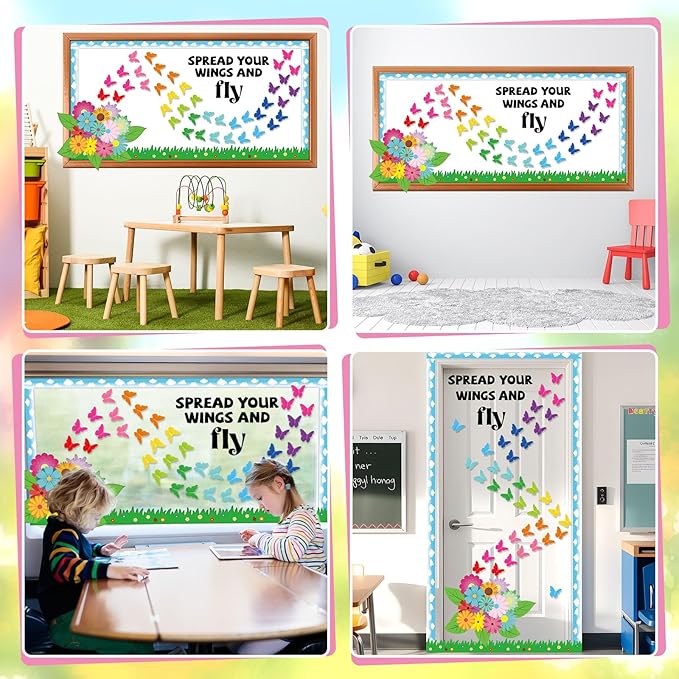 Spring Butterfly Flower Bulletin Board Set Spread Your Wings and Fly Classroom Bulletin Board Decors Colorful 3D Butterflies Name Tags for Back to School Office Home Chalkboard Wall Door Supplies