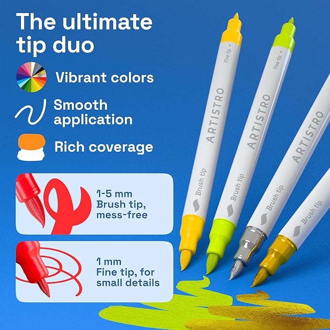 ARTISTRO 24 Acrylic Paint Markers - Paint Pens for Calligraphy, Brush + Fine Tips - For Fabric, Rock, Glass, Wood, DIY, Craft, Canvas - Art and Craft Supplies for Adults, Teens, Kids