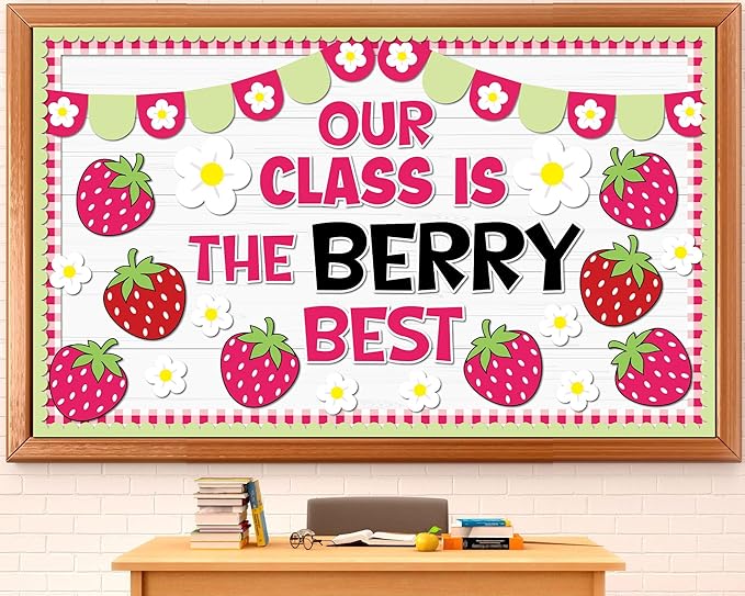 ZOIIWA Back to School Strawberry Bulletin Board Decorations Berry Flower Classroom Decor Bulletin Board Borders Pink Paper Cutouts Set for Teacher School Office Supplies Summer Spring Party Wall Decor