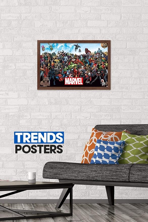 Marvel Comics The Marvel Lineup Wall Poster, 22.4L" x 14.7W", Mahogany Framed Version