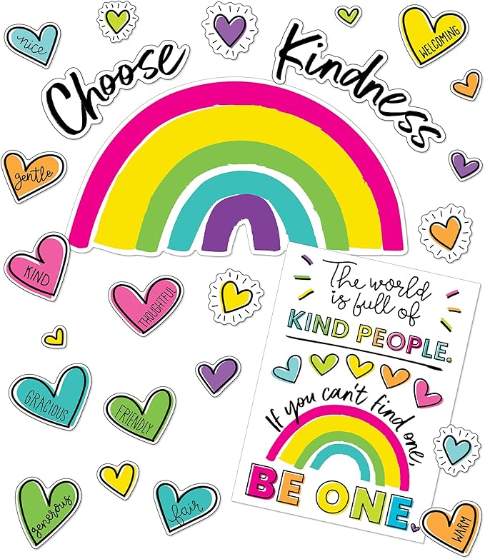 Carson Dellosa Kind Vibes 75 pc Bundle Motivational Bulletin Board Set, Poster, Rainbow, and Heart Cutouts with Positive Affirmations, Classroom Decor